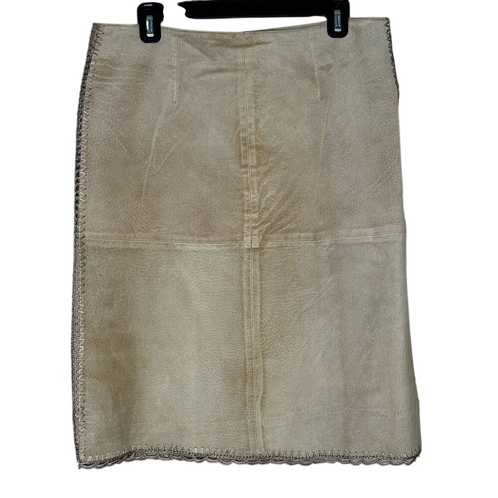 Boutique Europa Womens Tan Suede Leather Crochet Lace Trim Pencil Skirt Size 12